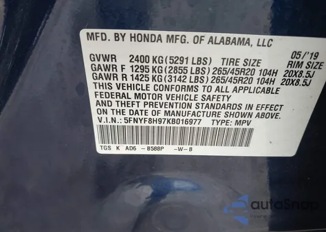 2019 Honda Passport Touring from USA, damaged, VIN 5FNYF8H97KB016977